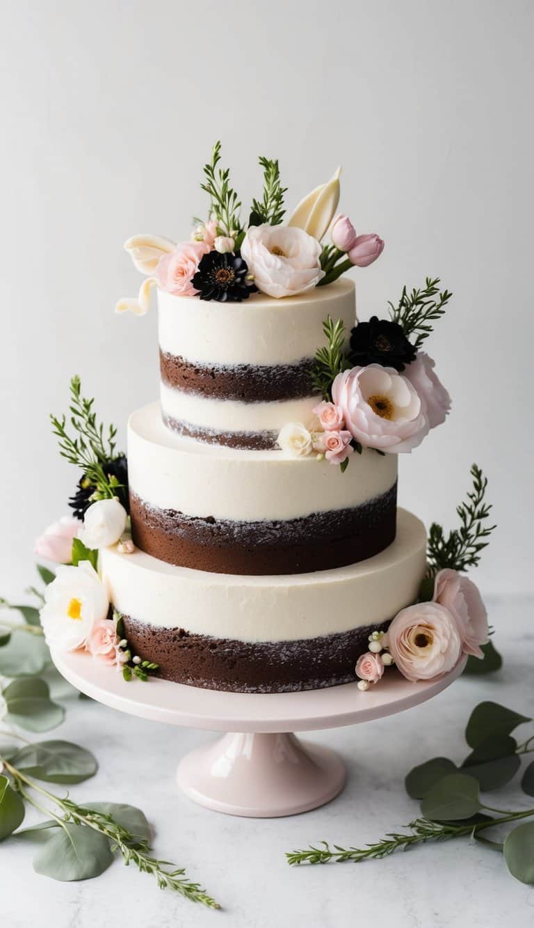 A Black Forest Gateau cake surrounded by elegant floral decorations, set on a delicate cake stand