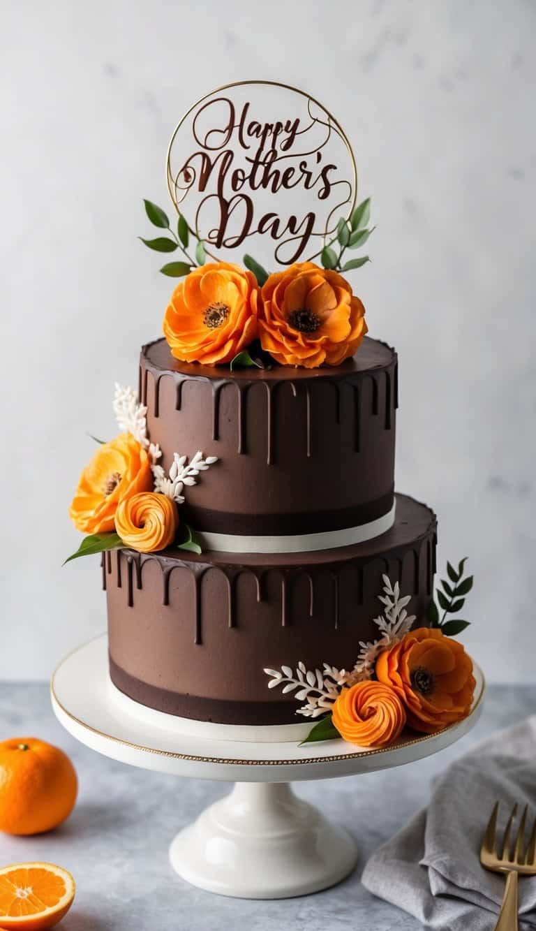 A rich, decadent dark chocolate orange cake adorned with elegant Mother's Day decorations