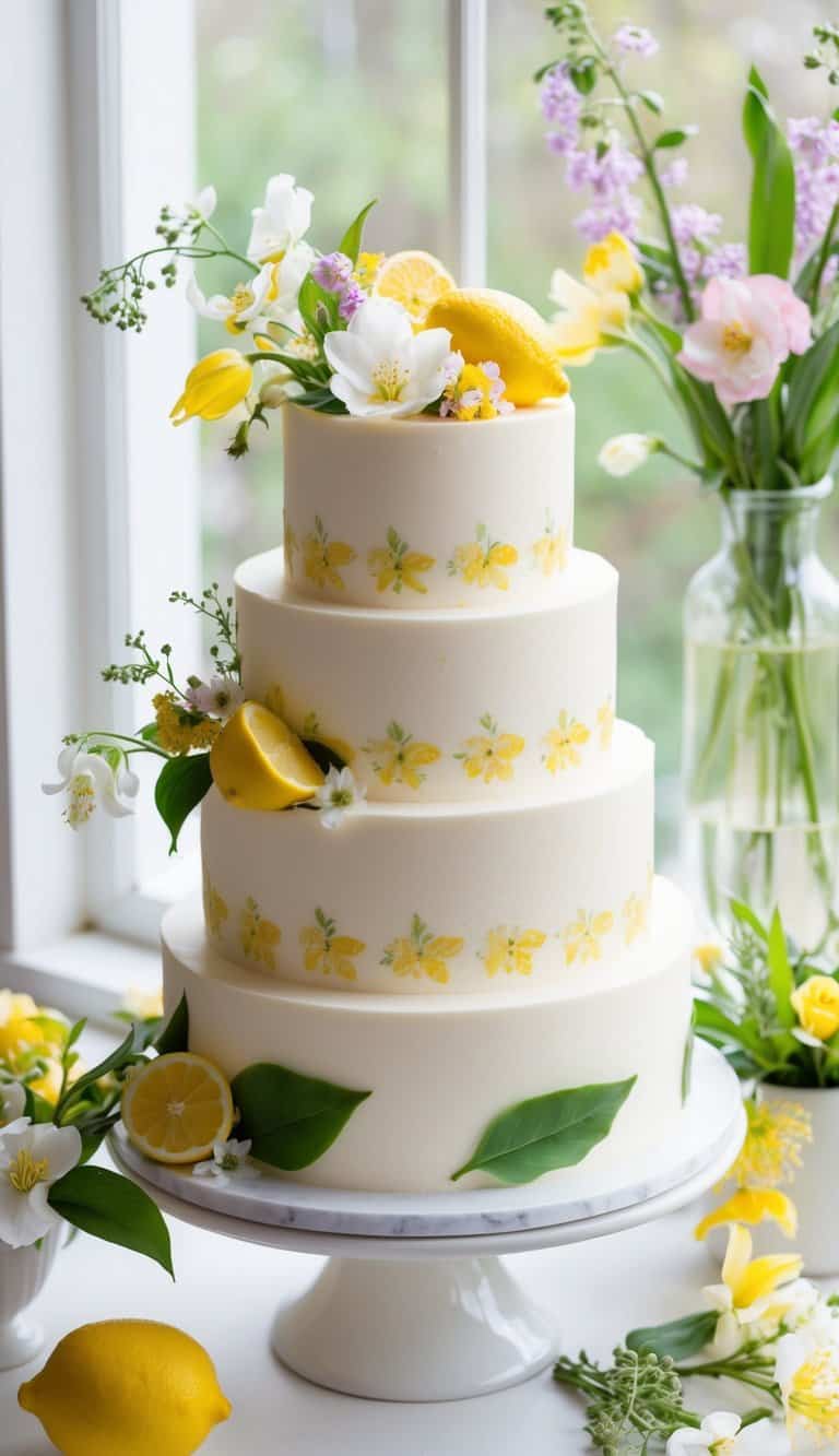A vibrant lemon elderflower cake surrounded by blooming flowers and greenery, with a soft springtime light filtering through the window
