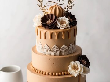 A two-tiered cake with elegant brown and cream decorations, topped with flowers and a "Happy Mother's Day" topper. The cake is displayed on a white stand, surrounded by a cup, plates, cutlery, and a small pitcher.