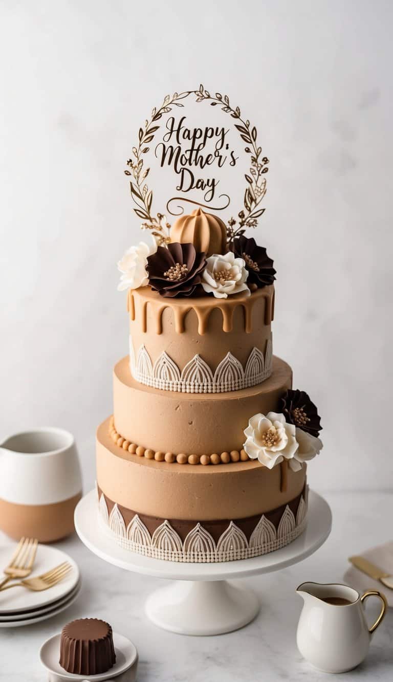 A decadent peanut butter chocolate cake adorned with elegant Mother's Day decorations