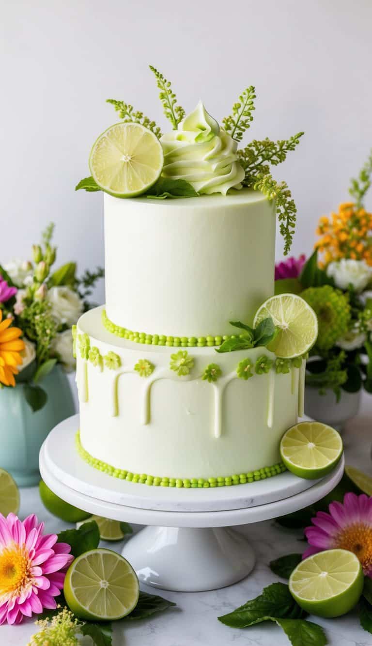 A beautifully decorated margarita lime cake surrounded by vibrant flowers and elegant Mother's Day decor