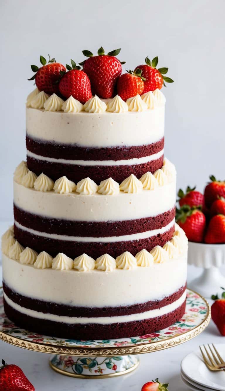 A red velvet layer cake topped with cream cheese frosting and garnished with fresh strawberries, placed on a decorative cake stand