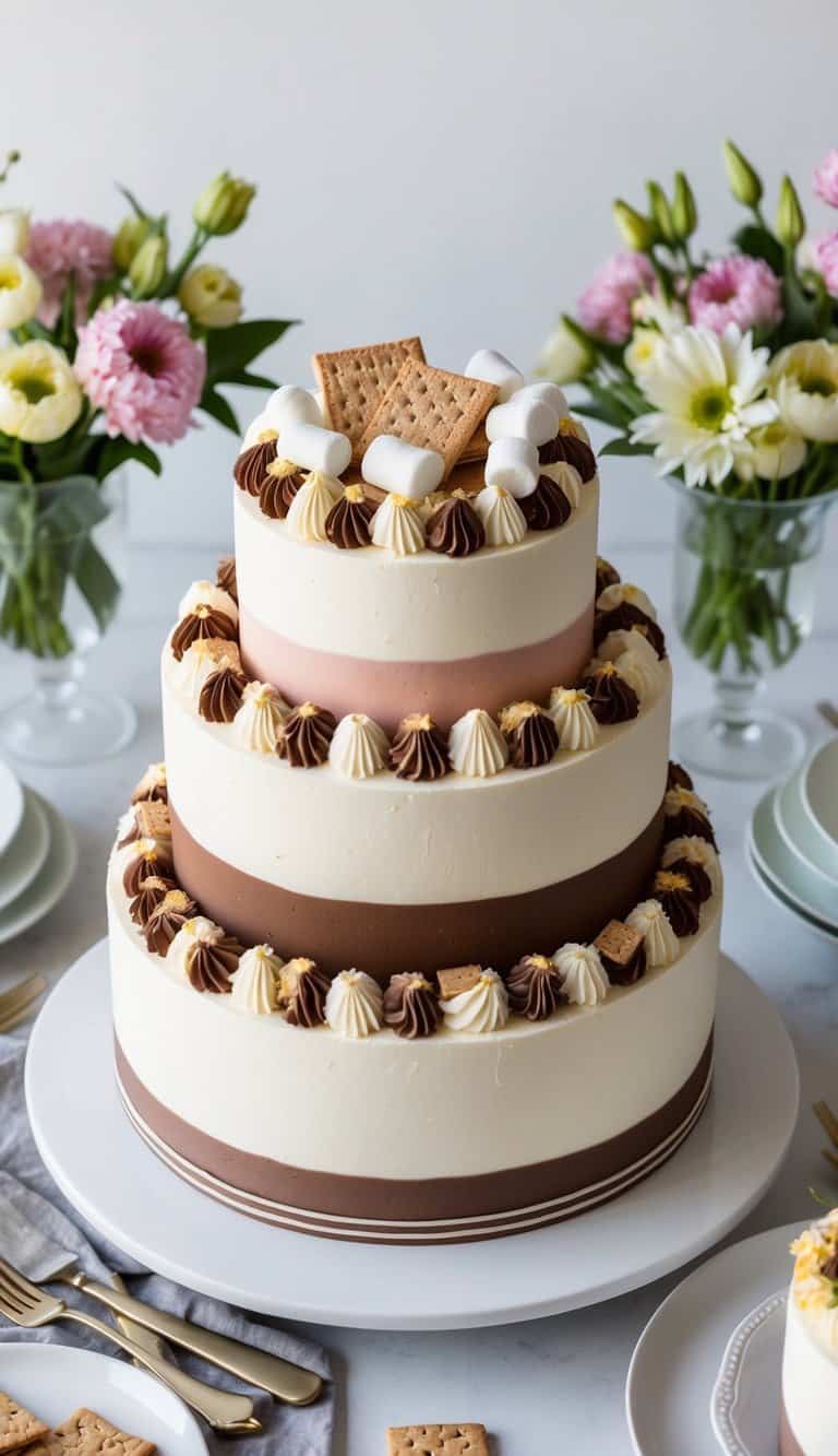 A beautifully decorated layer cake topped with graham crackers, marshmallows, and chocolate, surrounded by flowers and elegant tableware