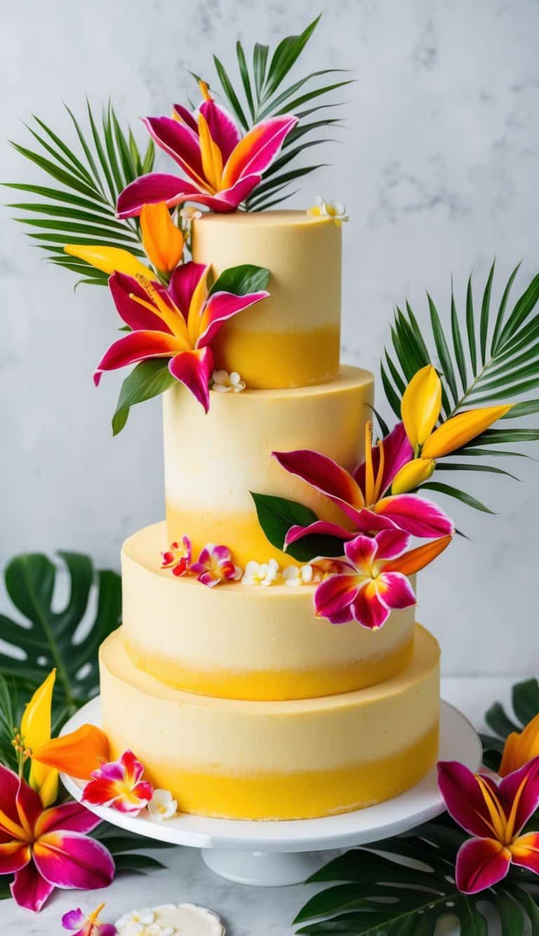 A tropical mango cake surrounded by vibrant flowers and elegant decorations