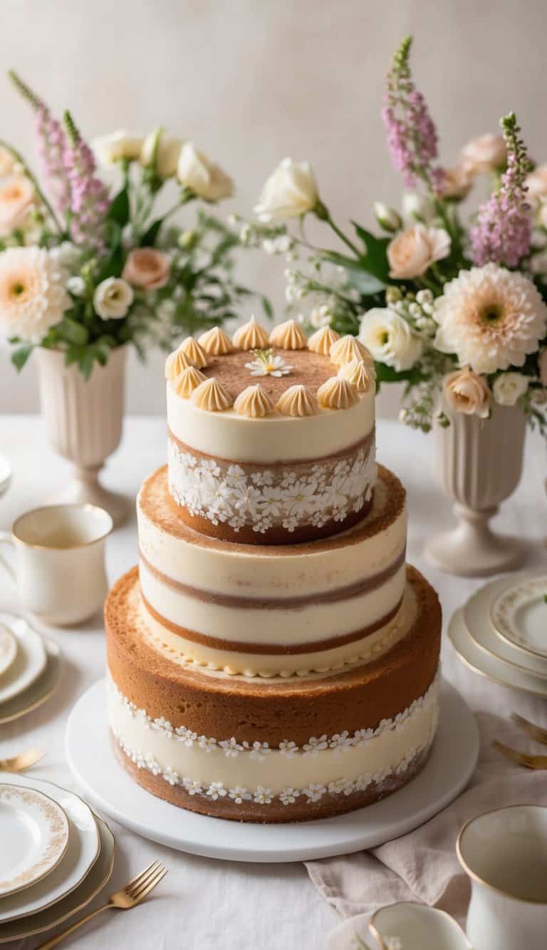 A beautifully decorated cinnamon coffee cake surrounded by delicate floral arrangements and elegant tableware, creating a warm and inviting atmosphere for a Mother's Day celebration