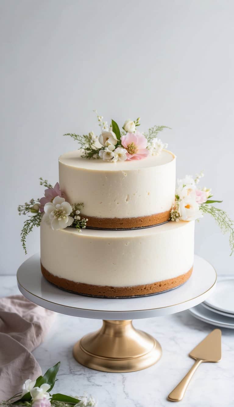 A vanilla bean cheesecake adorned with delicate flowers and elegant decorations, set on a beautiful cake stand