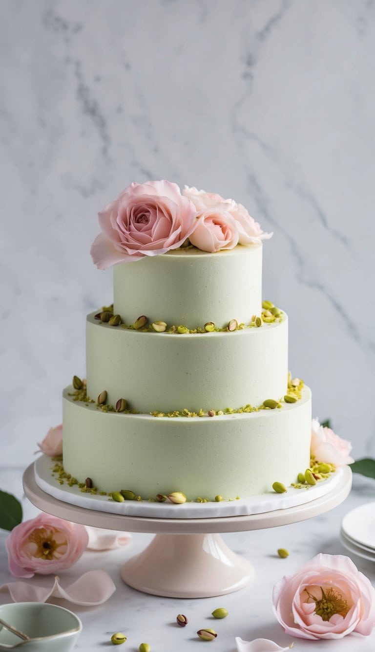 A pistachio rose cake surrounded by delicate pink rose petals and green pistachios, set on a elegant cake stand