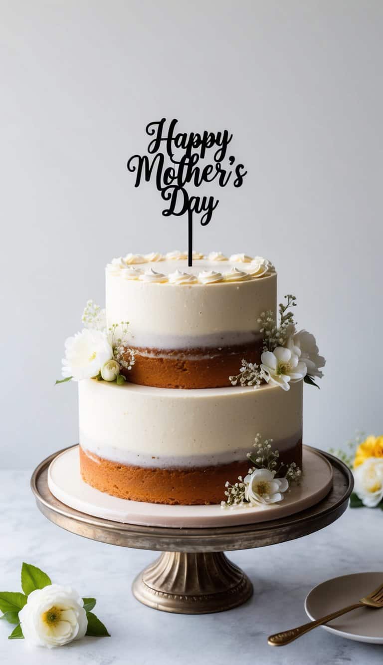 A honey almond cake adorned with delicate flowers and a "Happy Mother's Day" cake topper sits on a vintage cake stand