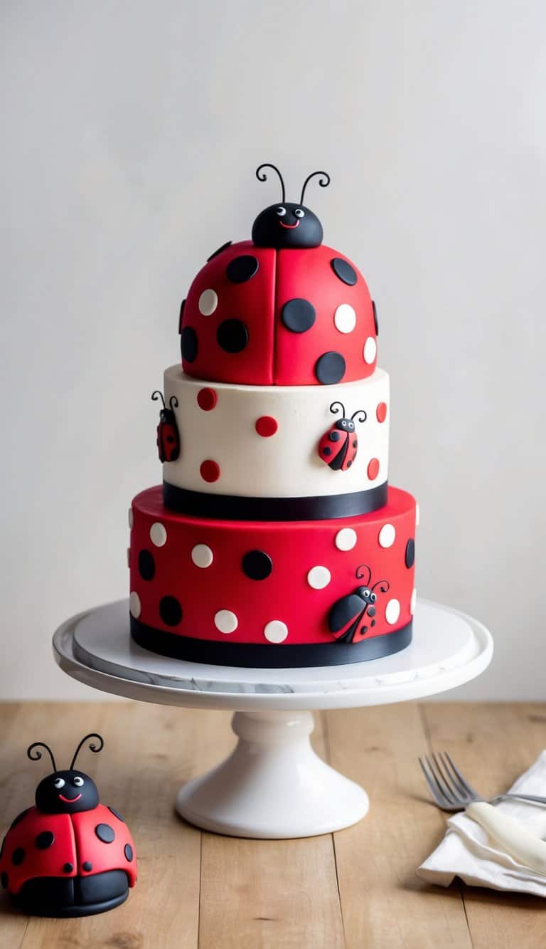 A red and black polka-dotted ladybug cake displayed on a white cake stand with green foliage in the background