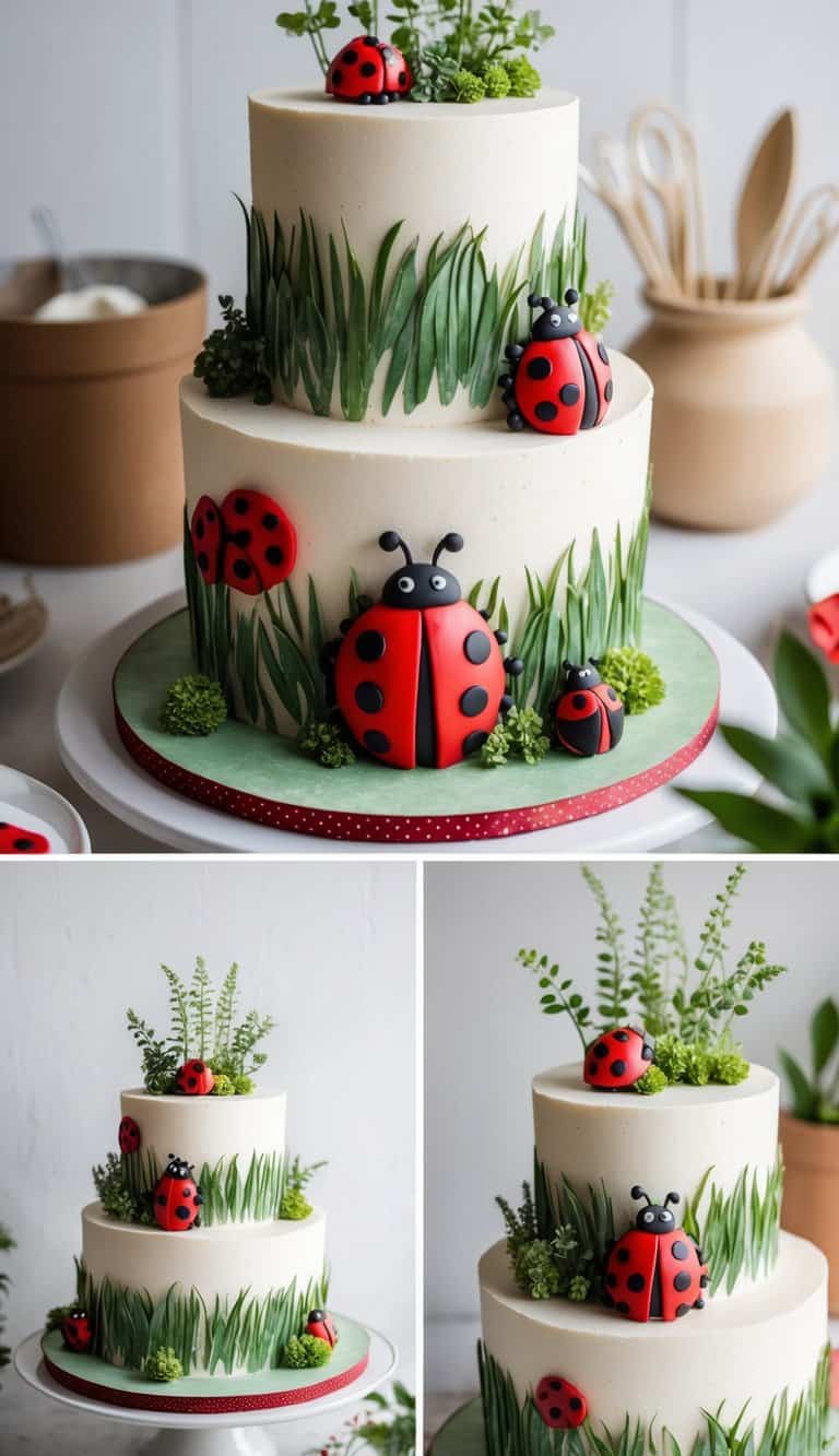 A charming garden scene with a rustic ladybug-themed cake surrounded by red and black polka dot decorations