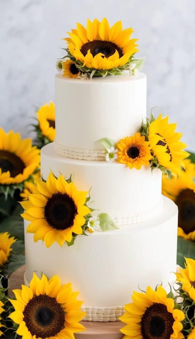 A three-tiered white cake adorned with vibrant sunflower decorations. Sunflowers are placed on each tier and scattered around the base, creating a cheerful and elegant display against a light background.