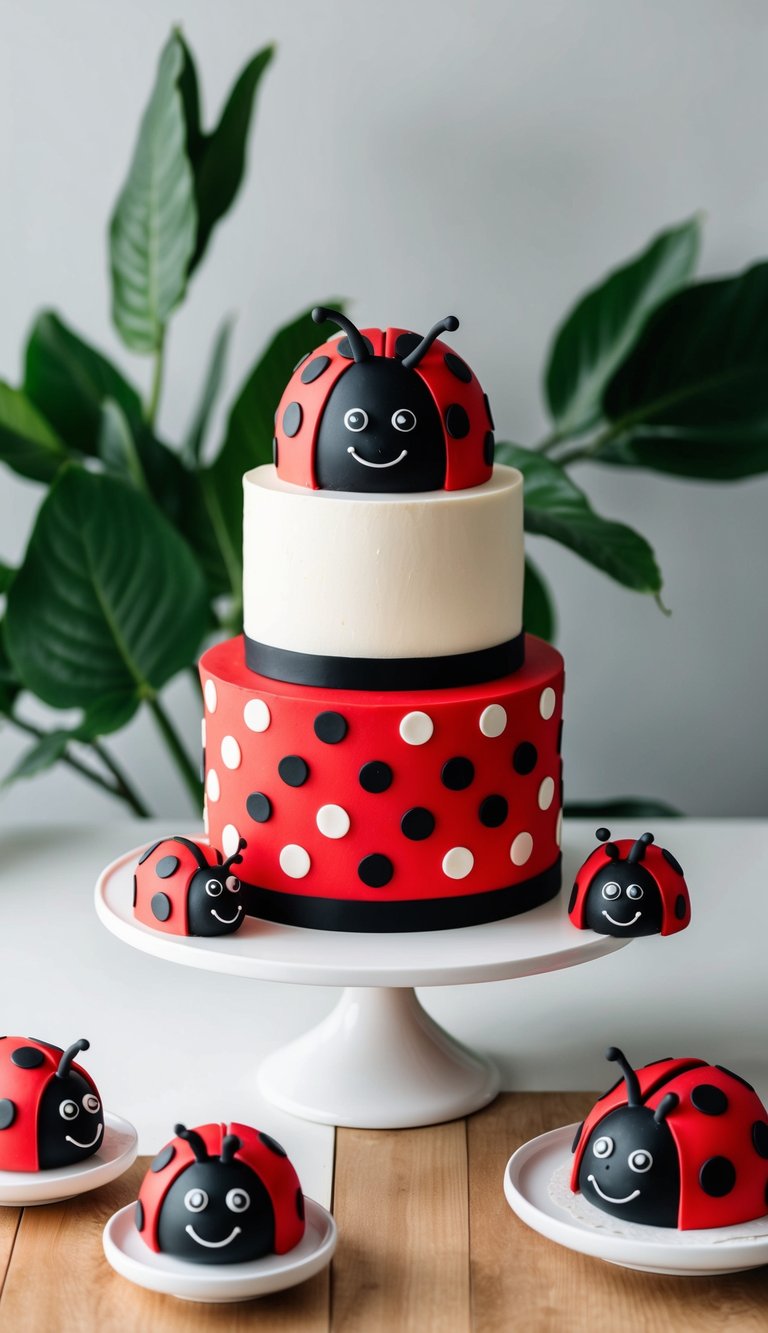 A red and black polka dot ladybug cake surrounded by smaller ladybug-themed desserts on a white table with green foliage in the background