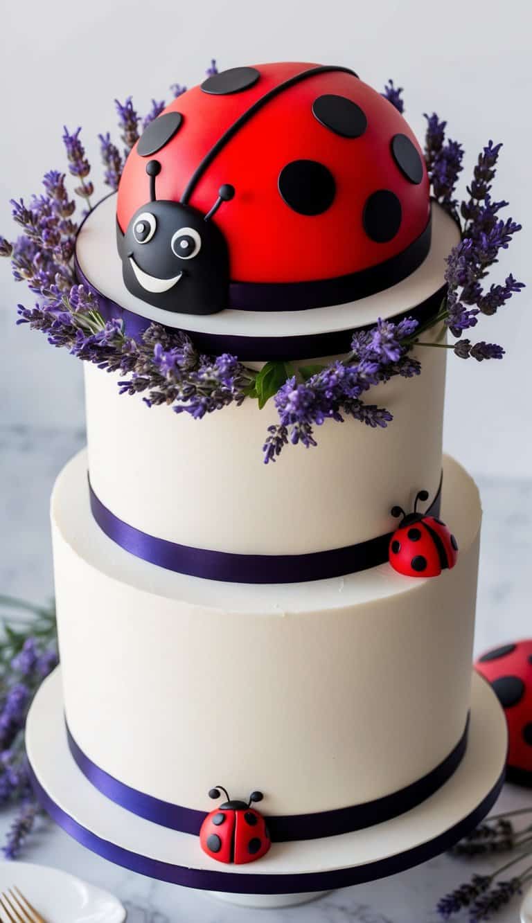 A vibrant red and black ladybug cake with polka dot detailing sits on a white cake stand, surrounded by chocolate ganache and ladybug decorations