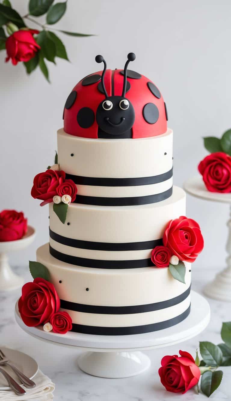 A charming ladybug-themed cake adorned with red and black polka dot roses