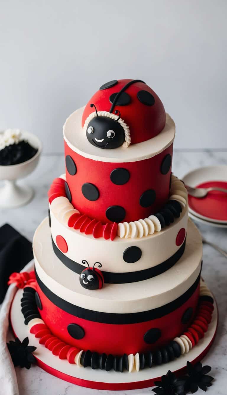A red velvet ladybug cake surrounded by black and red polka dot decorations, with ladybug-shaped details and a delightful, whimsical design