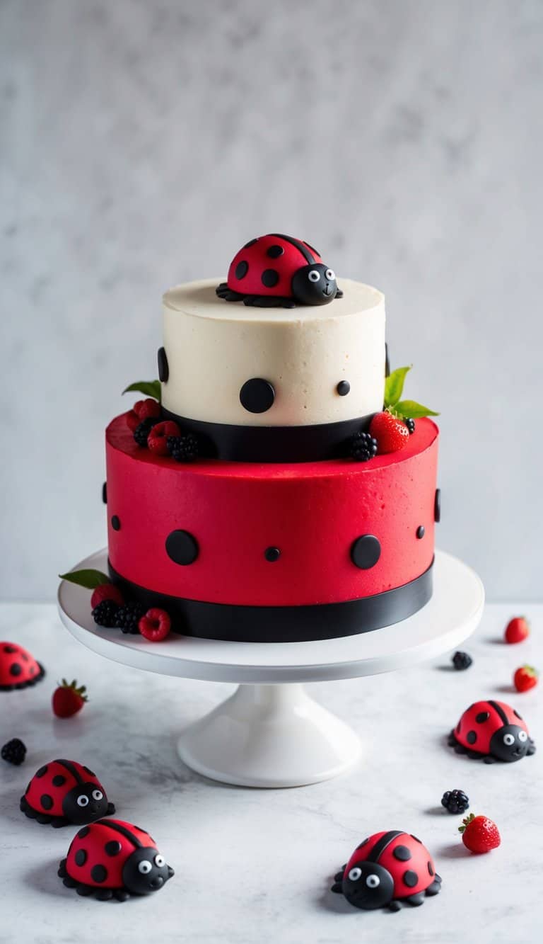 A vibrant red and black ladybug cake with berry accents sits on a white cake stand, surrounded by scattered edible ladybug decorations