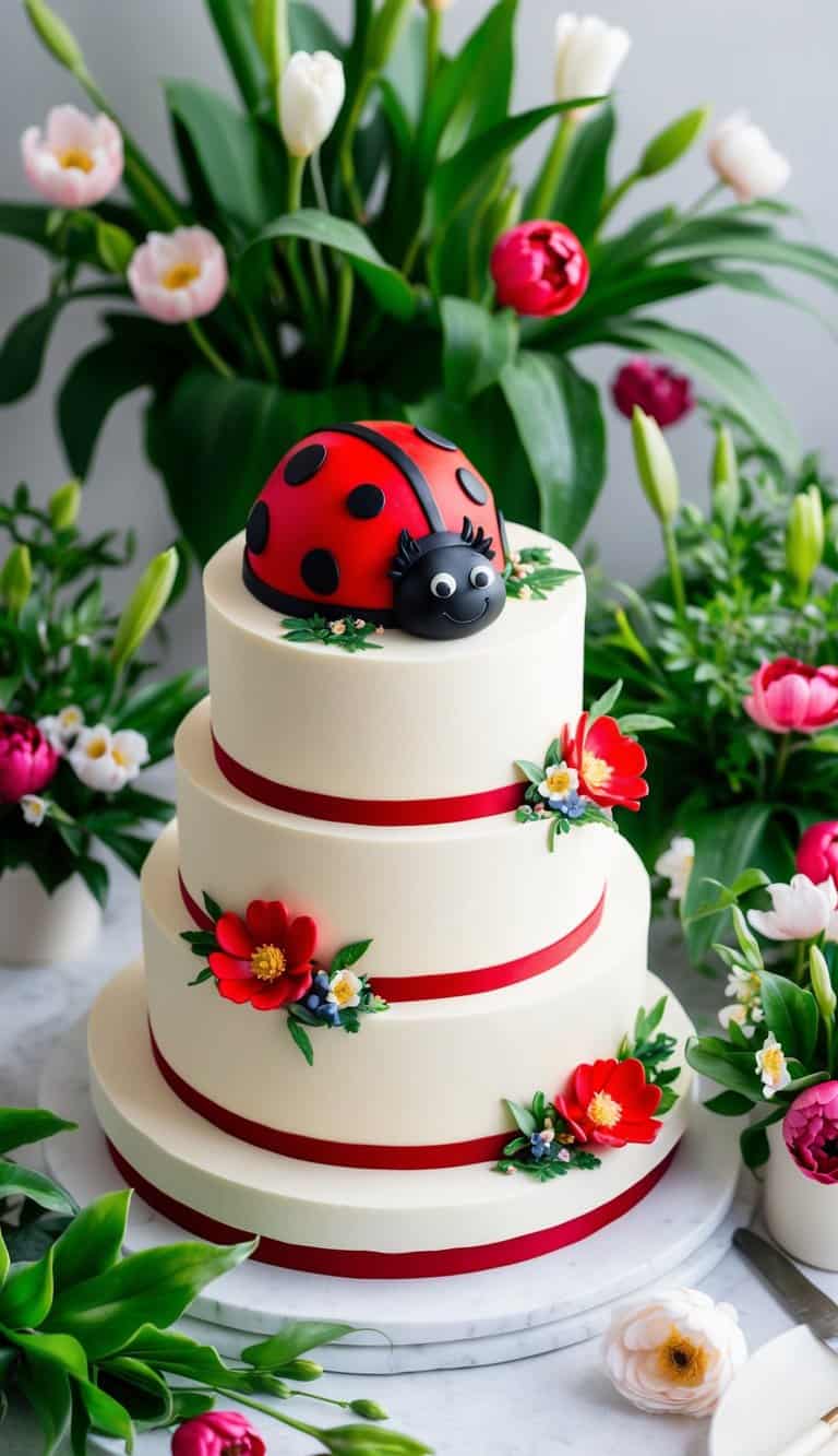 A spring garden scene with a vibrant red and black ladybug cake surrounded by blooming flowers and green foliage