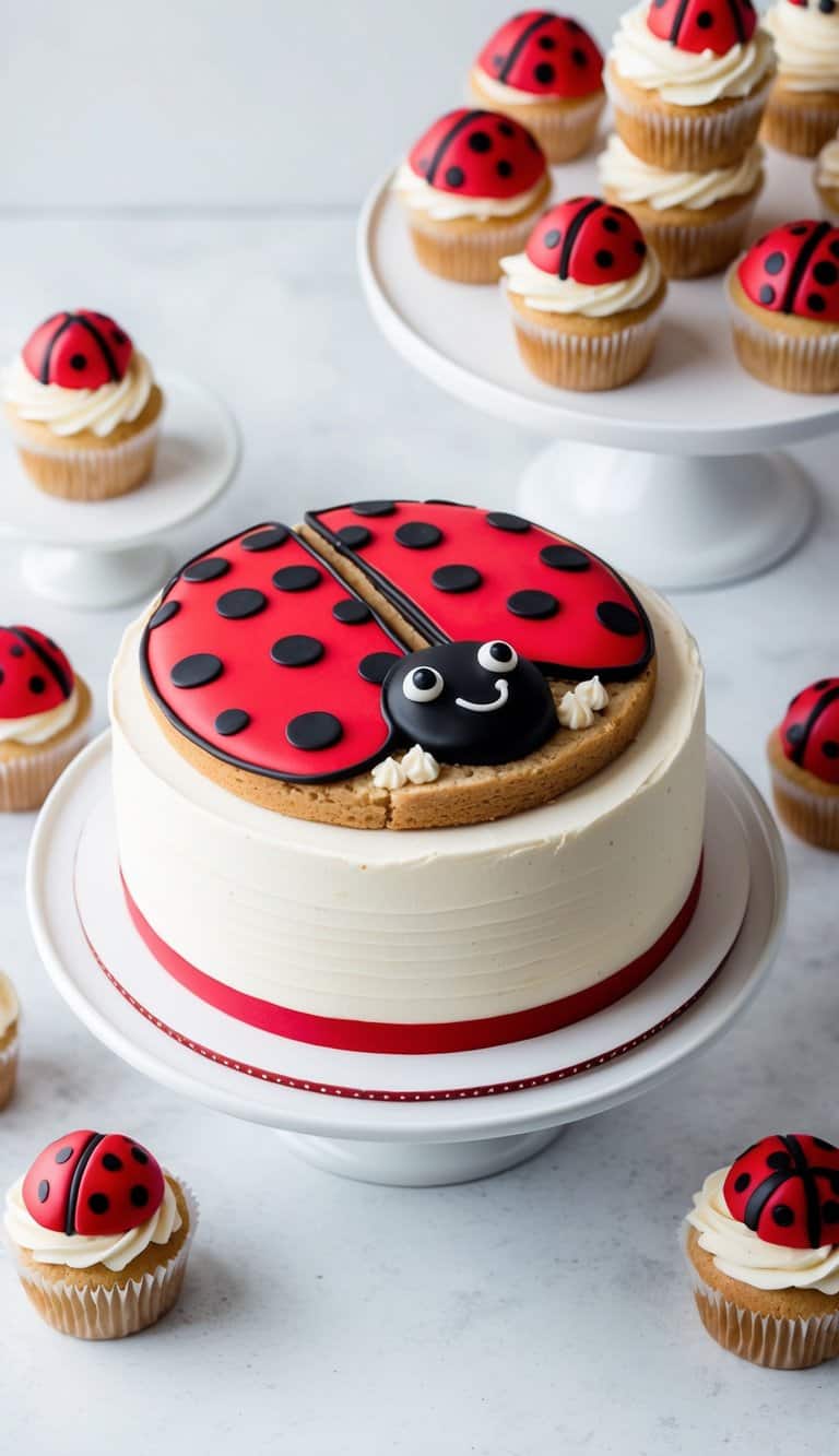 A round ladybug cookie cake with red and black polka dots, surrounded by smaller ladybug-themed cupcakes