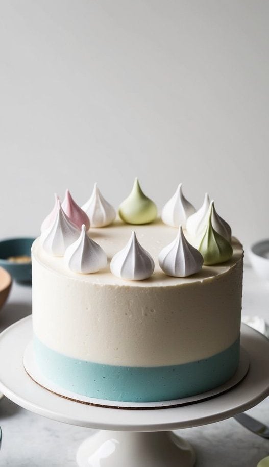 A beautifully decorated cake with smooth white frosting and a blue layer at the bottom, topped with white and pastel-colored meringues. It sits on a white cake stand, surrounded by bowls and scattered meringues on a light surface.