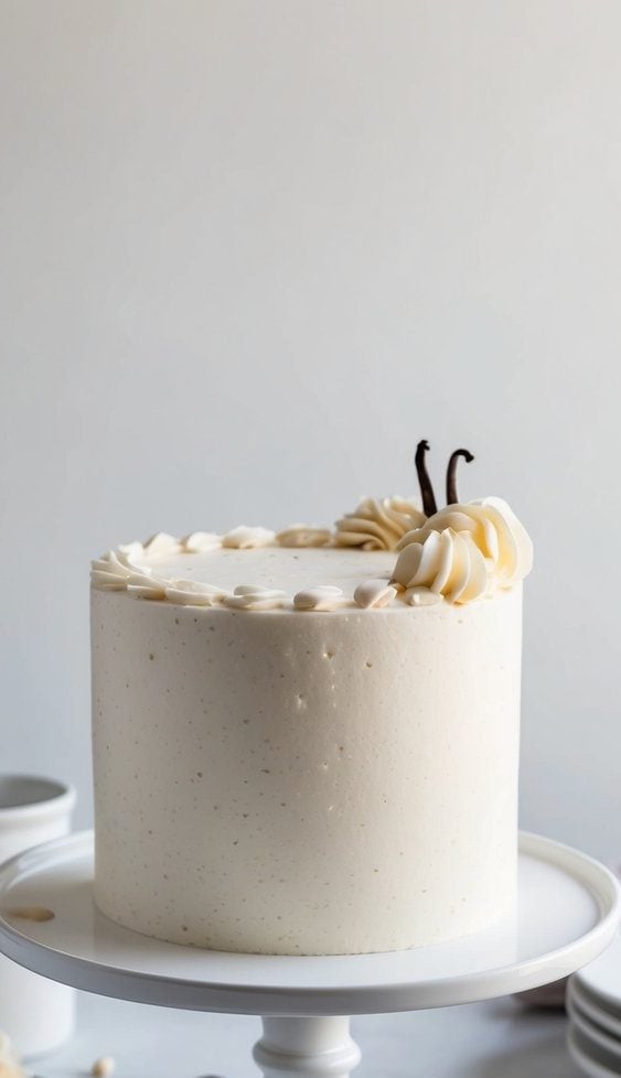 A tall, elegant vanilla cake on a white cake stand, decorated with rosettes and vanilla pods on top. Surrounded by white mugs, plates, and scattered vanilla beans and almonds on a marble surface.