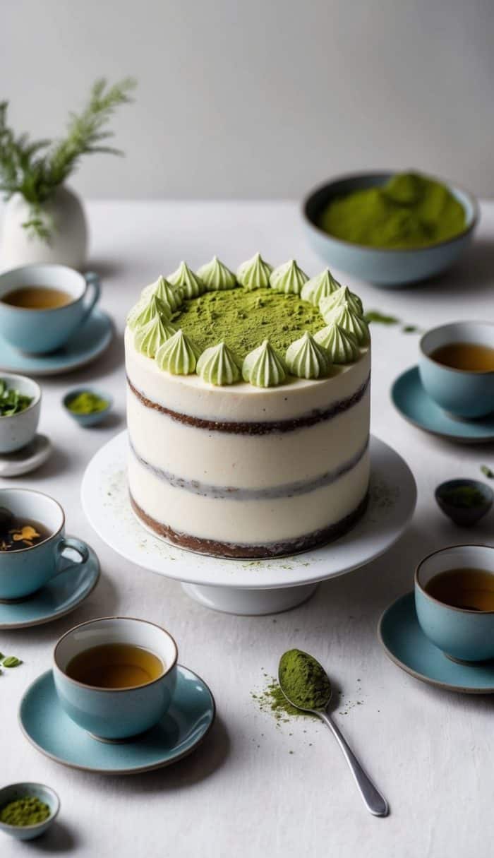 A tall, frosted matcha cake with decorative dollops on top, displayed on a cake stand. Surrounding it are cups of green tea, a bowl of matcha powder, and small plants, set on a light-colored tabletop.