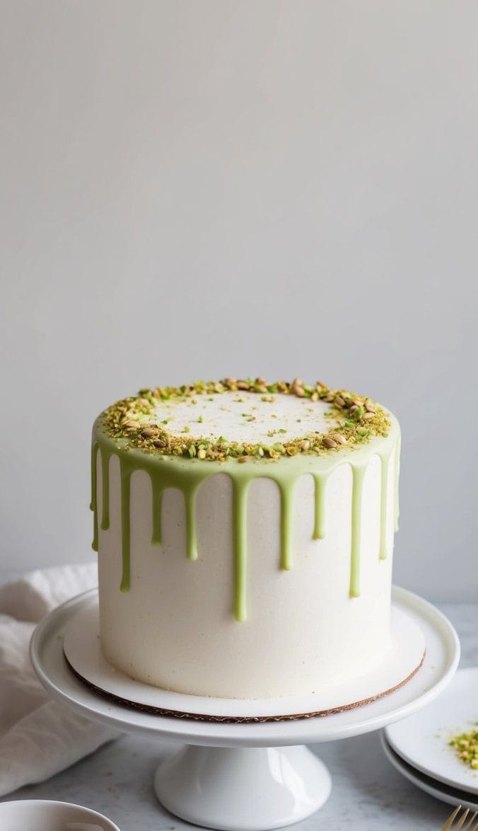 A tall white cake with green icing drips down the sides, topped with crushed pistachios. It's displayed on a white cake stand with a fork beside it. Small bowls containing whole and chopped pistachios are nearby. The background is a soft white.