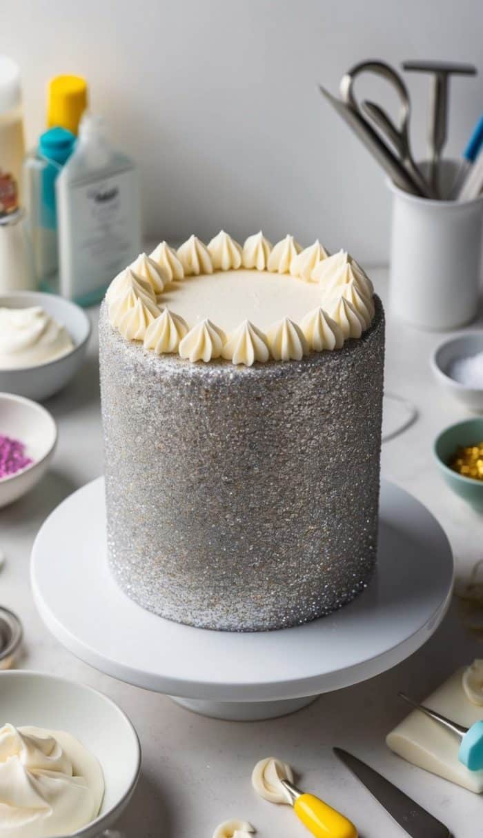 A tall, silver-glittered cake sits on a white stand, topped with swirls of white frosting. Various decorating tools and ingredients are scattered around, including piping bags, icing tips, and colorful sprinkles in small dishes.