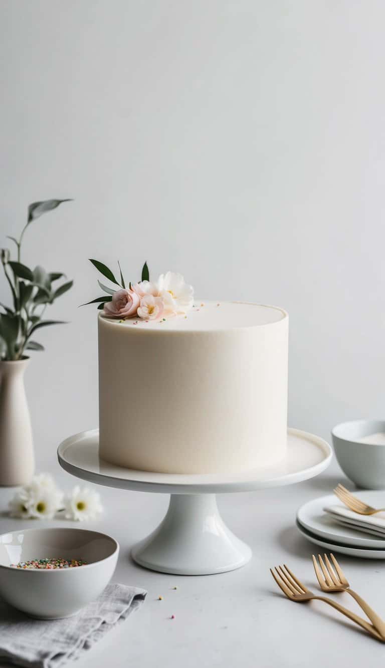A vanilla cake with smooth fondant icing, adorned with simple decorations like flowers or sprinkles, sitting on a cake stand