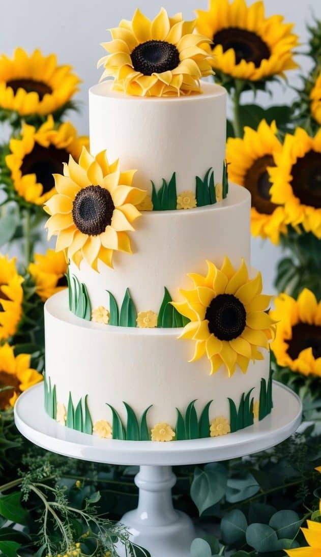 A three-tier white cake decorated with sunflower designs stands on a white pedestal. Surrounding the cake are vibrant, fresh sunflowers and green foliage, creating a bright and cheerful display.