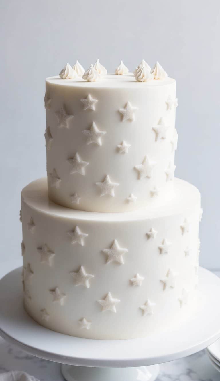 A white one-layer cake covered in icing sugar stars of various sizes, with a smooth and even surface