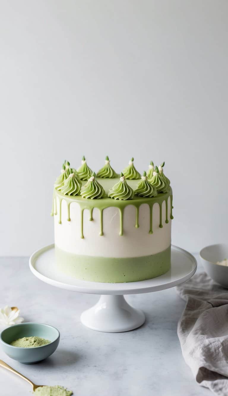 A simple one-layer cake topped with matcha green icing and graceful decorations