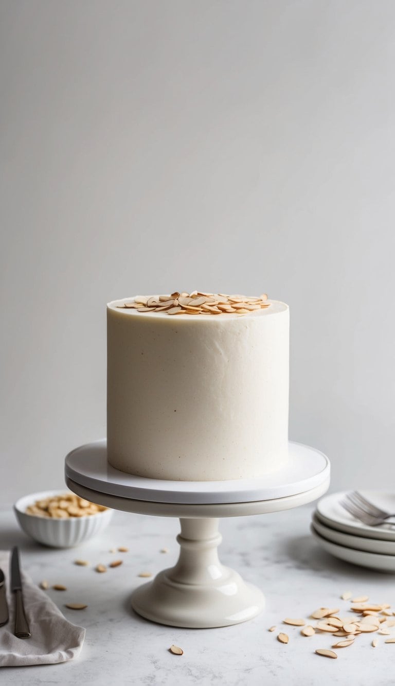 Toasted almond slivers sprinkled on a one-layer cake with a simple, elegant decoration