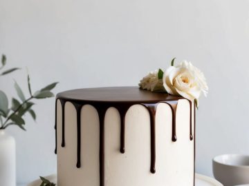 White cake on a stand with chocolate dripping down the sides. A single white rose decorates the top. The backdrop includes a vase with greenery and a folded napkin on a marble surface. Plates and cutlery are nearby.
