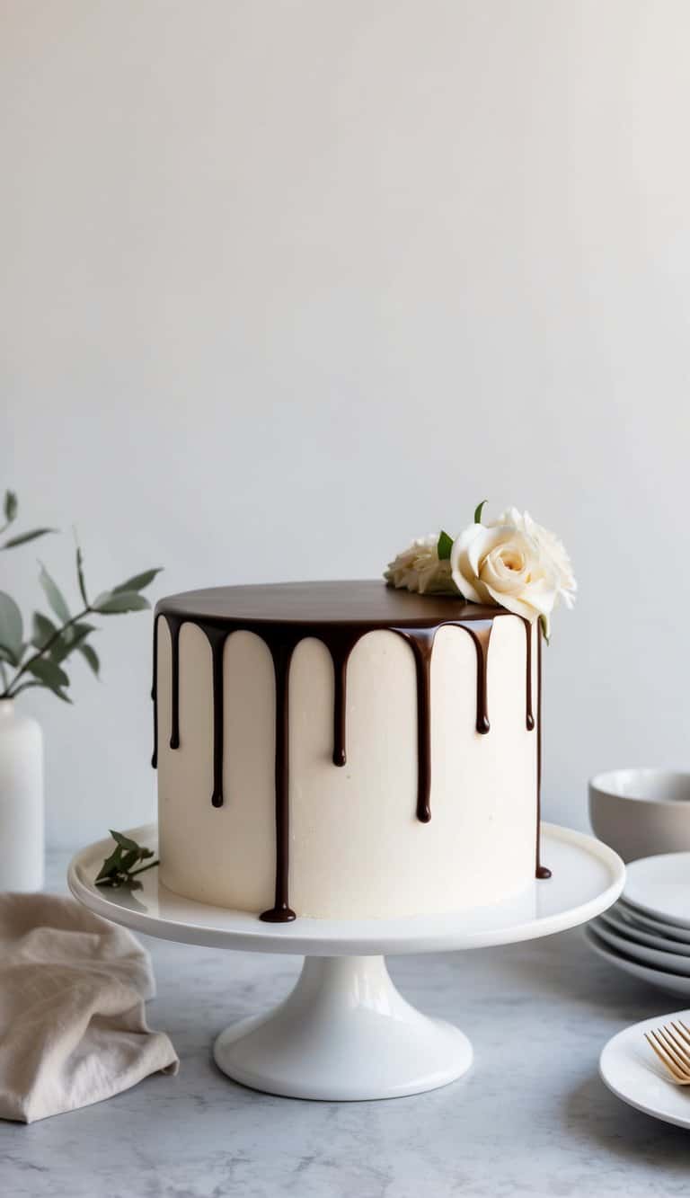 A smooth, glossy drizzle of ganache cascading down the side of a simple, one-layer cake