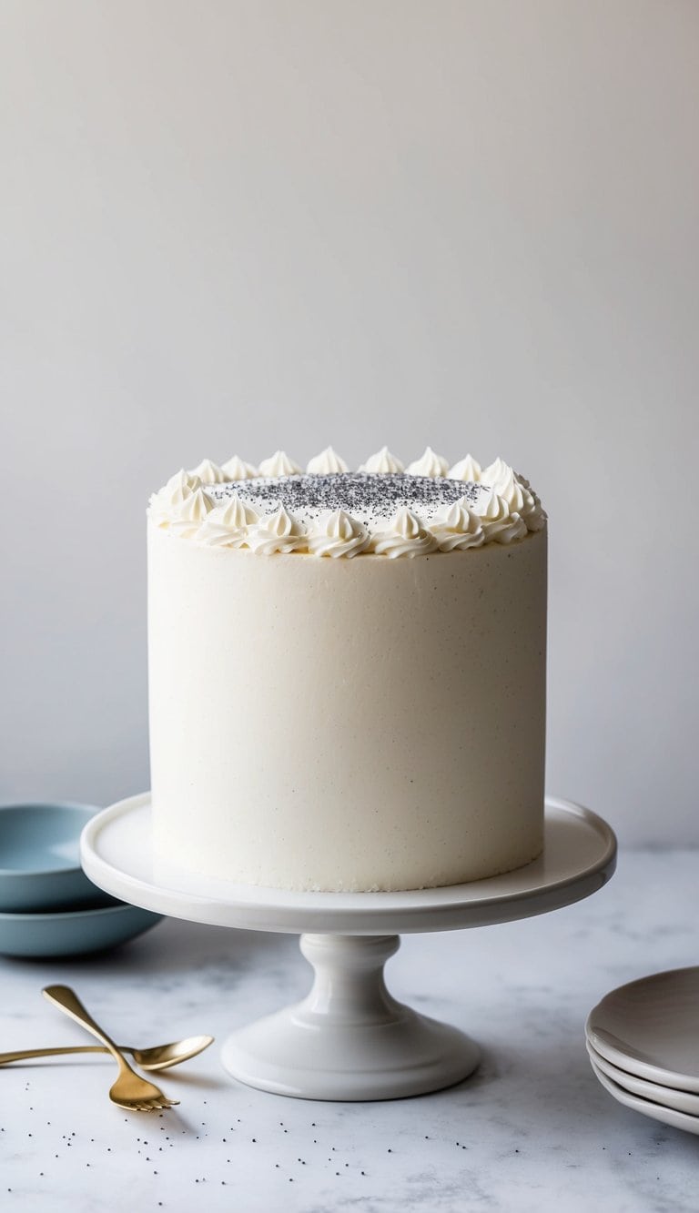A one-layer cake covered in white frosting with a sprinkling of poppy seeds on top, set on a simple cake stand