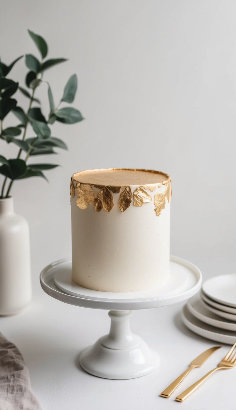 A simple one-layer cake adorned with delicate edible gold leaf
