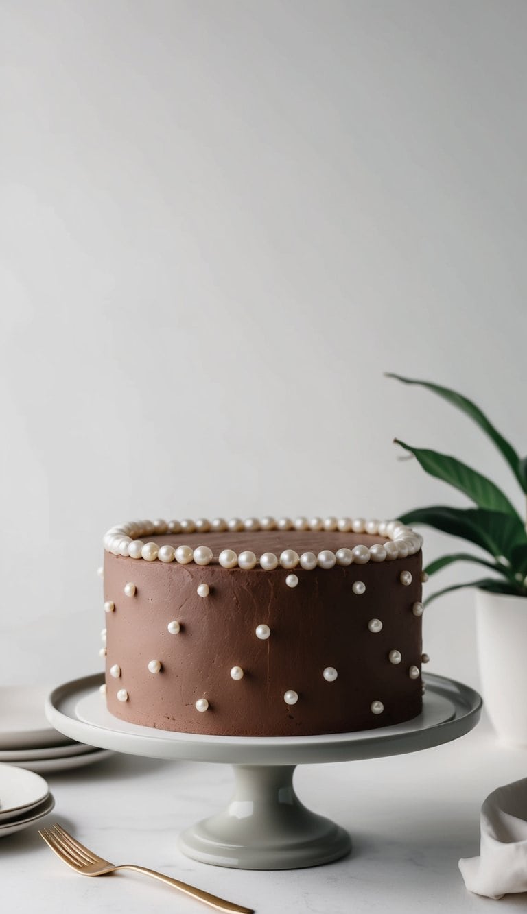 A chocolate-colored cake adorned with shimmering pearls in various shades, set on a simple, elegant cake stand