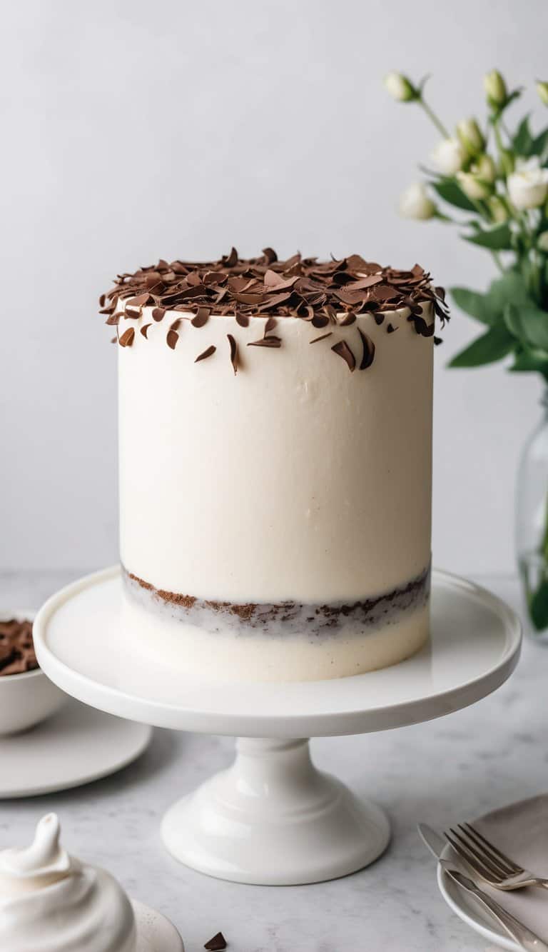 A one-layer cake covered in chocolate shavings with a simple, elegant design