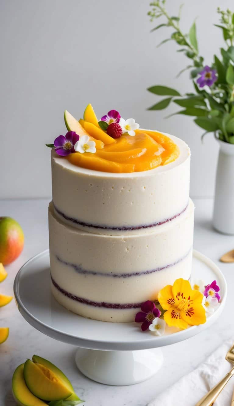 A single-layer cake with elegant piped swirls in pastel colors on a white background