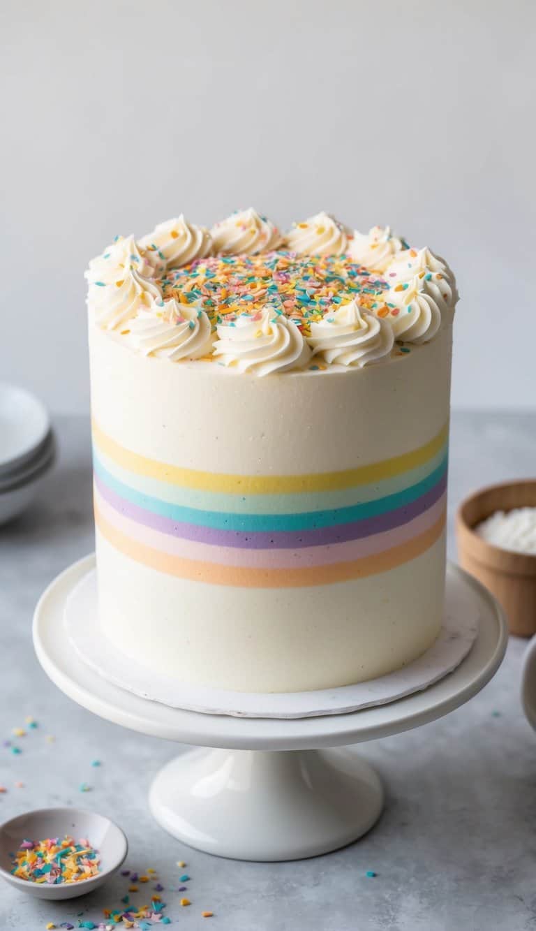 Colorful confetti sprinkled on a one-layer cake with a rainbow icing swirl