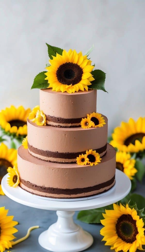 A three-tier chocolate cake adorned with sunflowers sits on a white cake stand. Sunflowers are scattered around the base, and a bright slice of cake is on the table's edge.