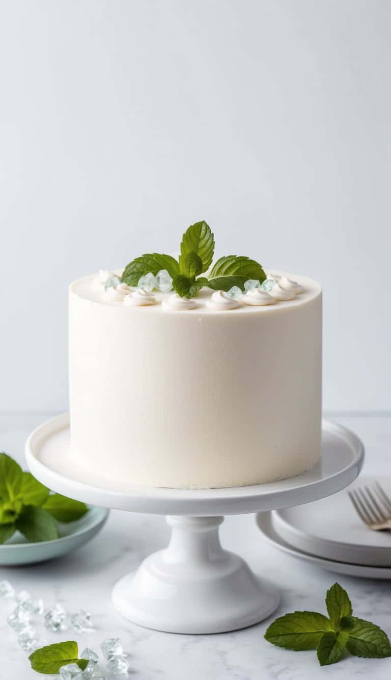 A single-layer cake topped with crystalized mint leaves on a white cake stand