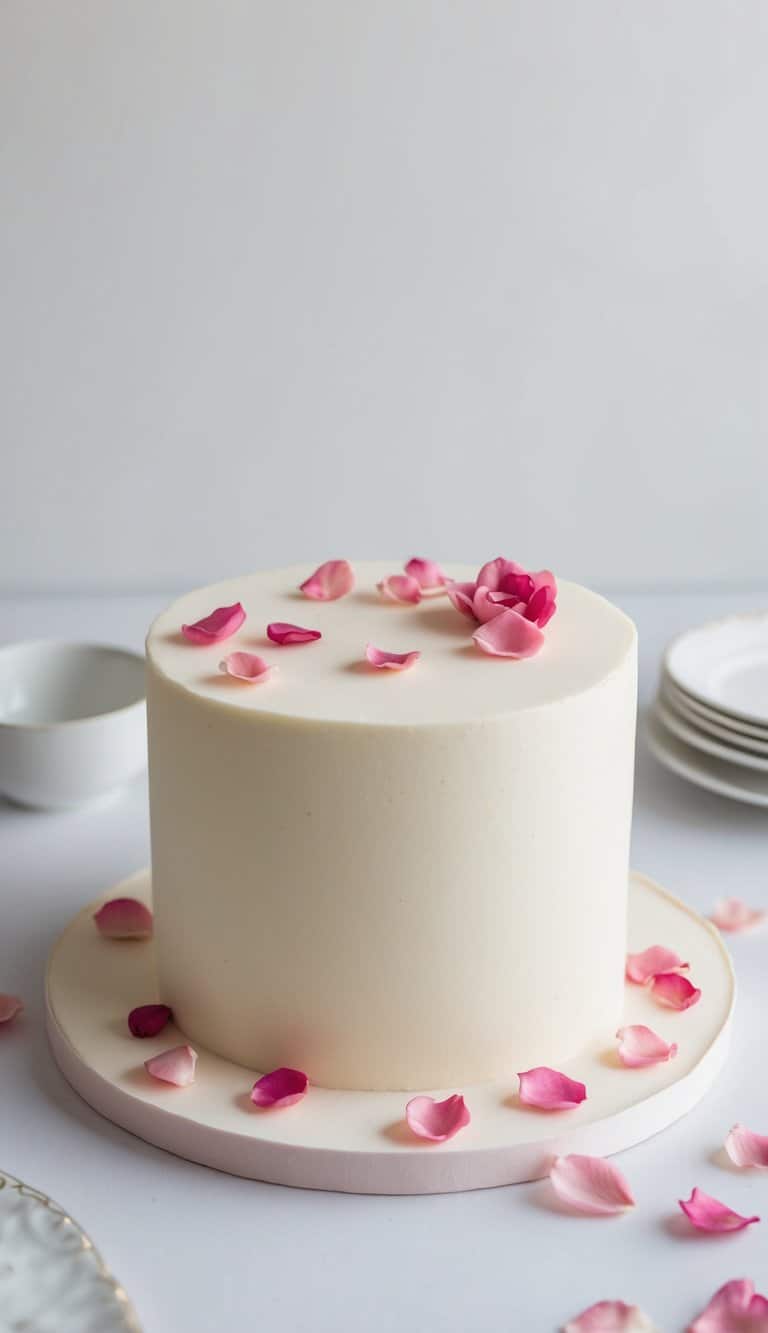 Rose petals scattered on a one-layer cake