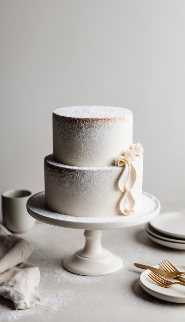 A one-layer cake covered in powdered sugar dust with a simple, elegant design