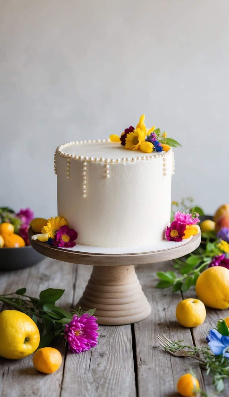 A one-layer cake with edible pearl highlights sits on a rustic wooden table, surrounded by fresh flowers and colorful fruit