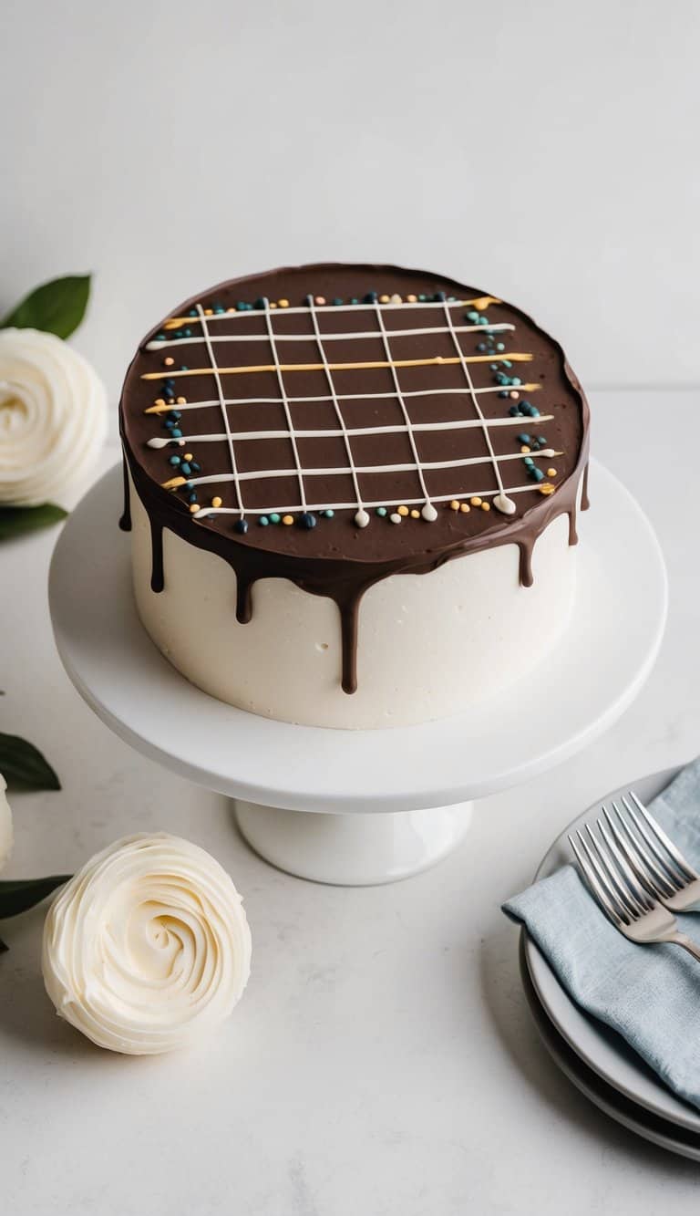 A round cake with ganache frosting decorated with a grid pattern of piped lines and dots in various colors and sizes