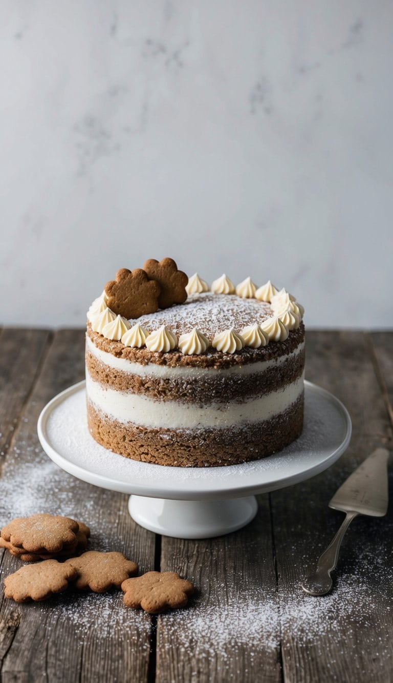 A gingerbread crumble cake sits on a rustic wooden table, adorned with a sprinkling of powdered sugar and a few gingerbread cookies