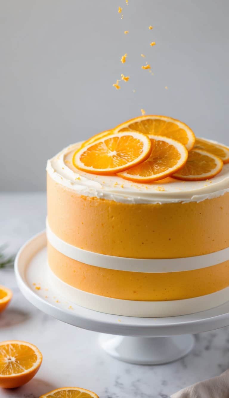 A vibrant orange cake with zesty citrus slices and a sprinkling of orange zest on top