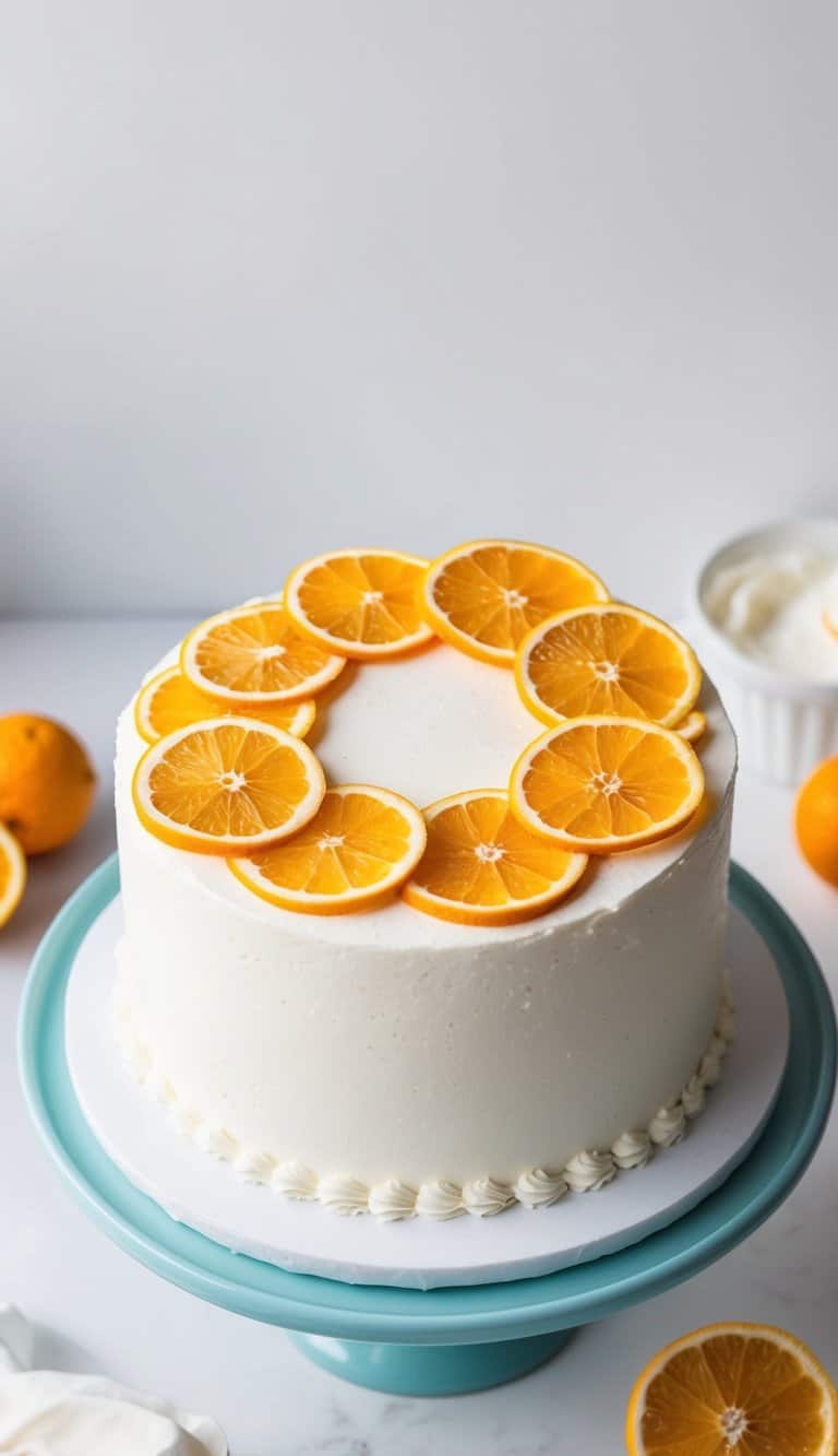 A vibrant display of sugared citrus slices arranged in a circular pattern on top of a freshly baked one-layer cake